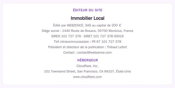 Coordonnées légales de l&rsquo;éditeur et de l&rsquo;hébergeur du site