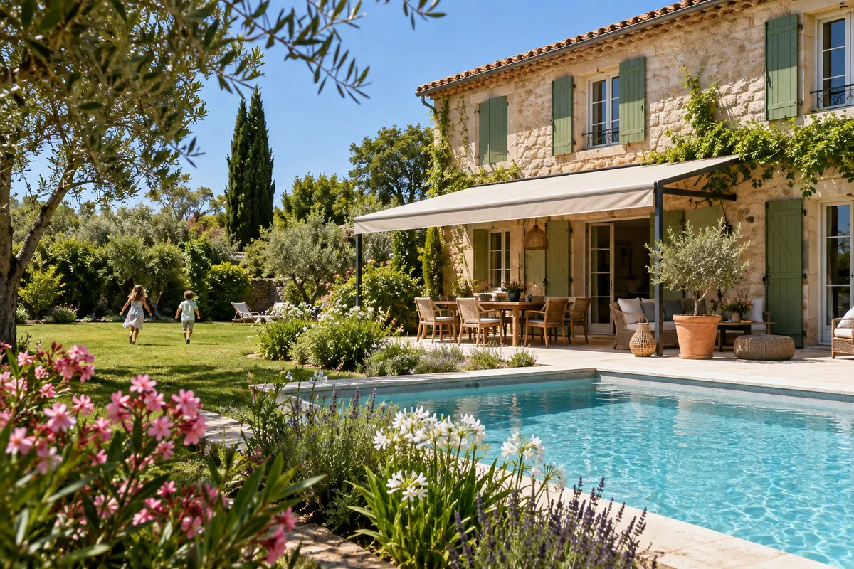 Façade d’une maison de famille aux volets verts, terrasse ombragée et piscine bordée d’un jardin d’été