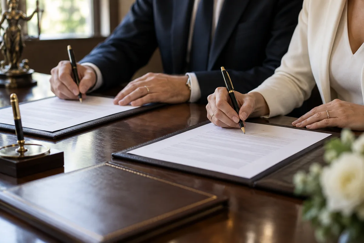 Mains de deux personnes signant côte à côte sur une table de notaire, stylos et parapheur posés à côté