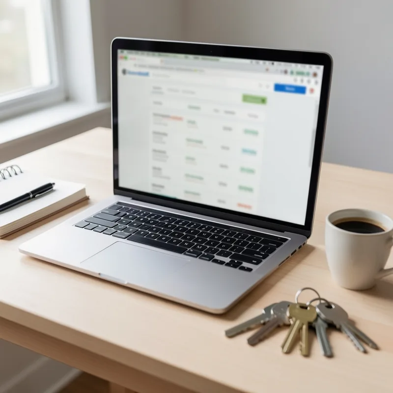 Écran d&rsquo;ordinateur portable affichant une annonce immobilière en cours de rédaction sur une table en bois