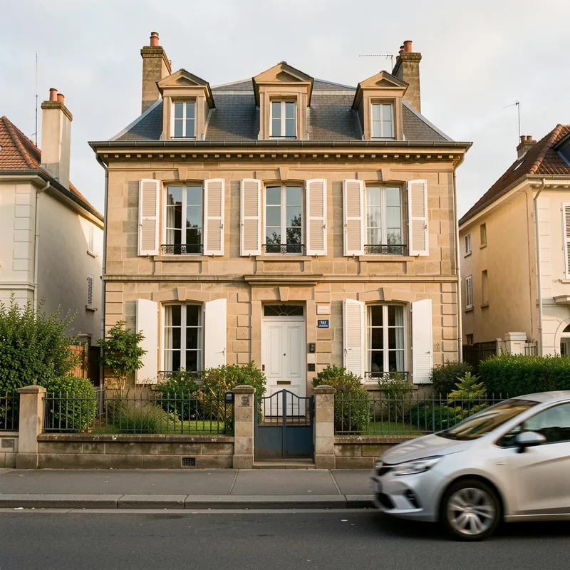 Maison pavillonnaire de banlieue parisienne vue depuis le trottoir, façade en meulière et portail fermé, lumière de fin d&rsquo;après-midi