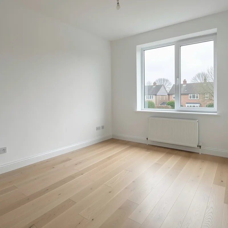 Salon lumineux d&rsquo;un appartement vide, parquet clair et fenêtre ouverte sur des immeubles de banlieue