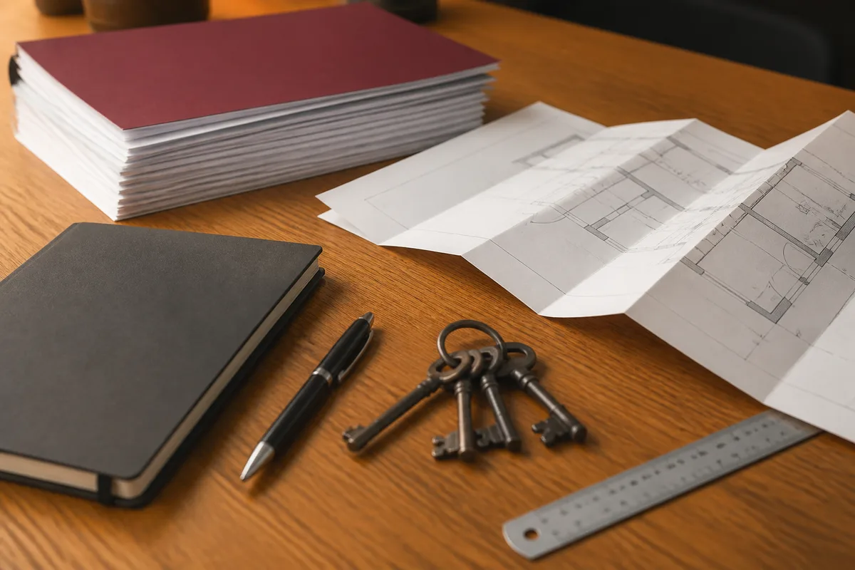 Dossier de diagnostic technique posé sur une table avec plans et clés de logement