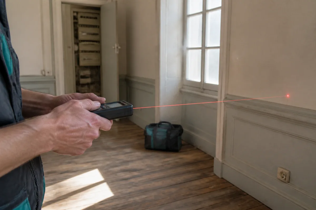 Diagnostiqueur immobilier mesurant une pièce avec un télémètre laser dans un pavillon ancien