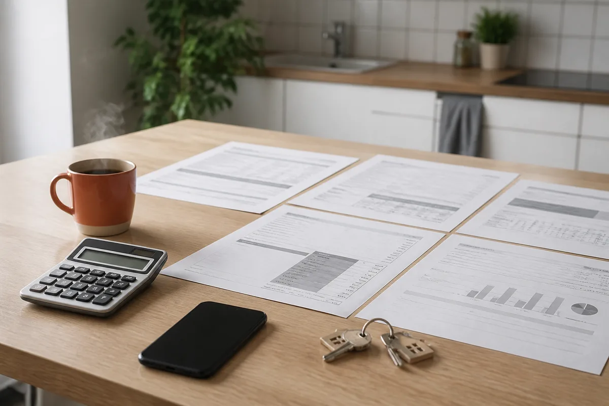 Table de cuisine avec devis de diagnostic immobilier, calculatrice et trousseau de clés