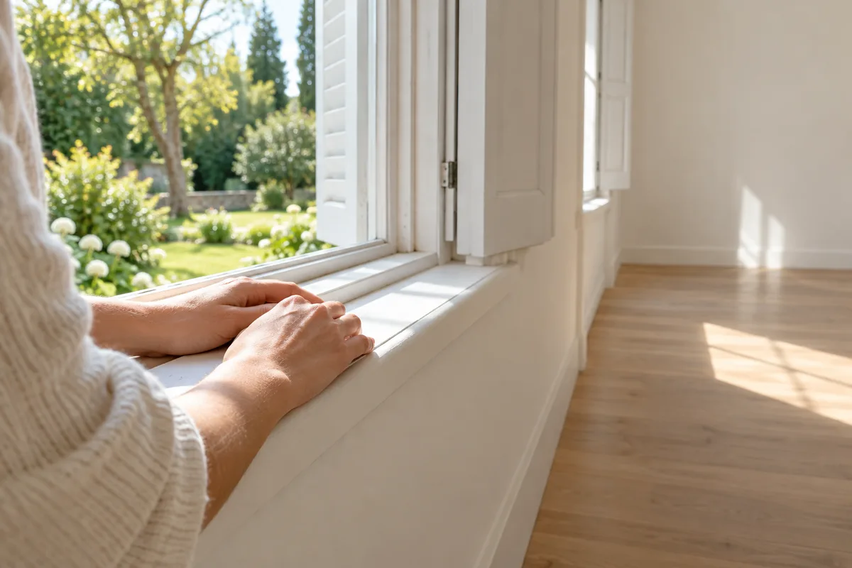Mains posées sur l&rsquo;appui d&rsquo;une fenêtre dans une pièce vide au parquet clair