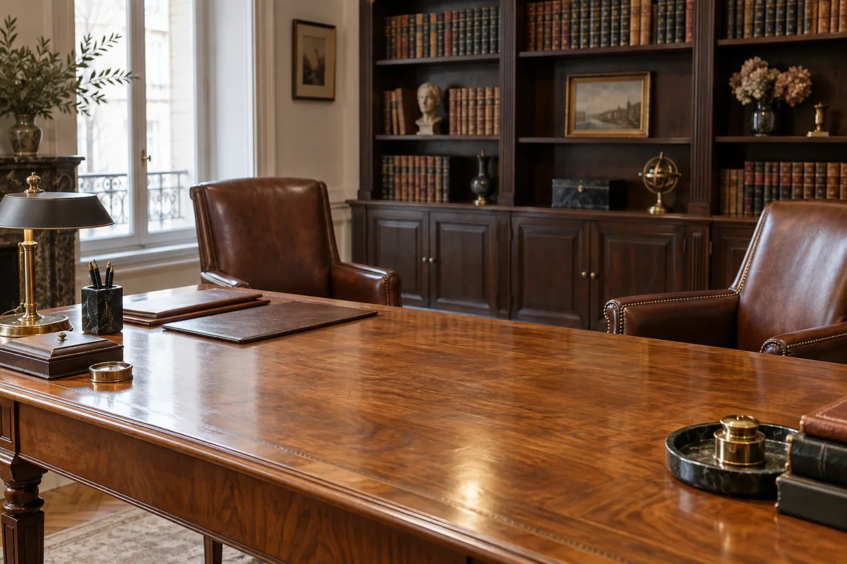 Bureau notarial vide avec grande table en bois, fauteuils en cuir et bibliothèque