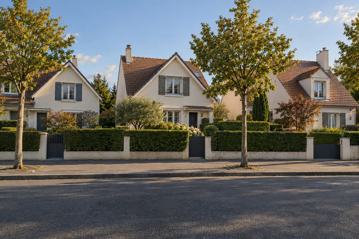Façades de pavillons alignés avec jardins clos et arbres dans une rue résidentielle