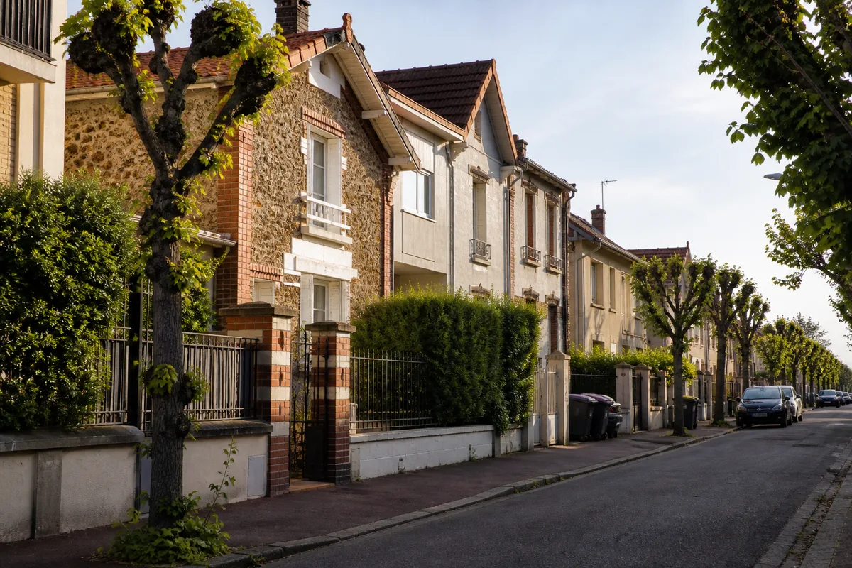 Rue pavillonnaire de banlieue est parisienne bordée de maisons en meulière avec jardins