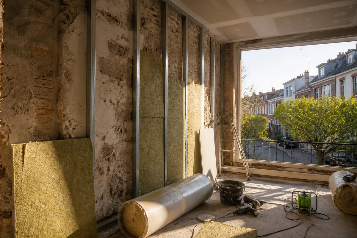 Chantier de rénovation intérieure d&rsquo;une maison ancienne avec isolation des murs en cours