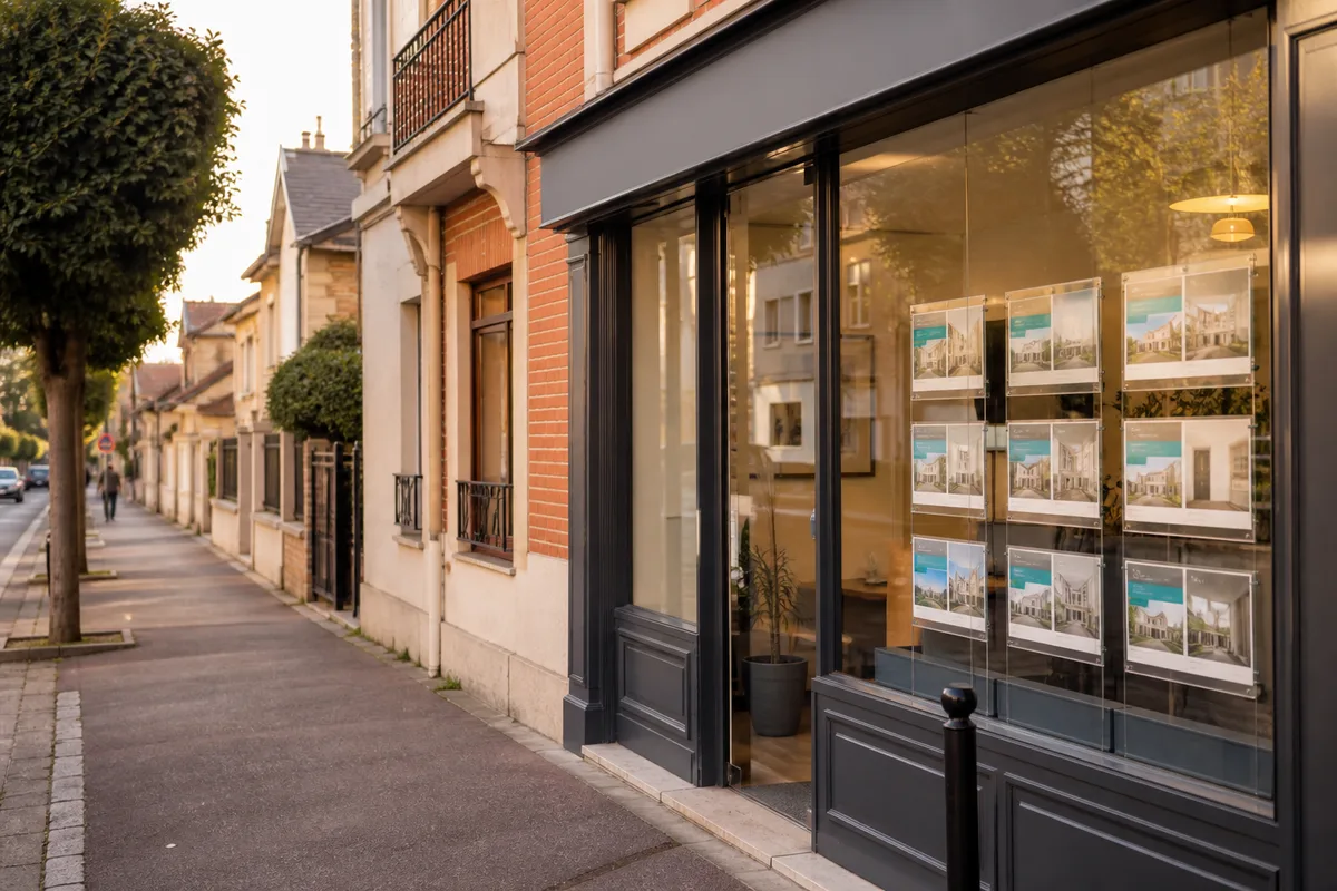 Devanture d&rsquo;une agence immobilière de quartier avec des annonces affichées en vitrine