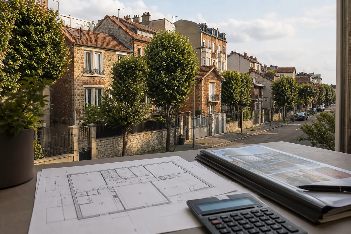 Table de travail avec un plan d&rsquo;appartement, une calculette et un dossier de vente