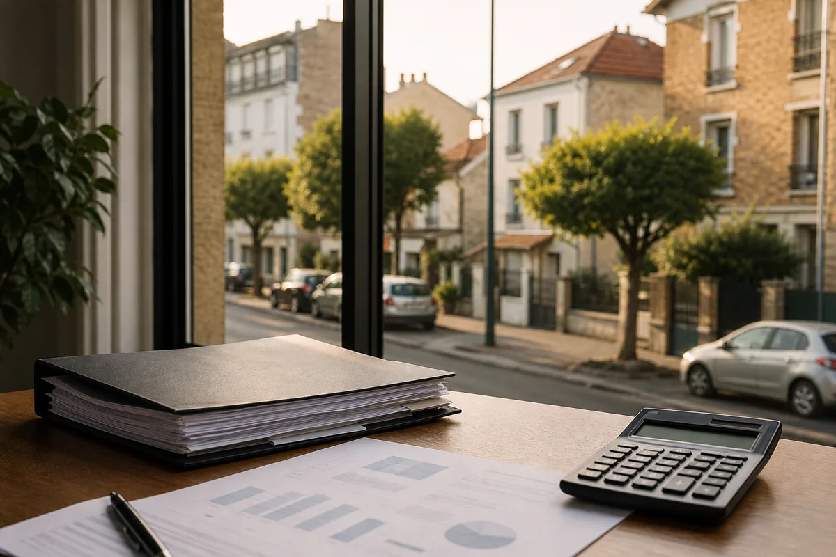 Bureau avec un dossier de prêt immobilier, une calculatrice et un plan de financement