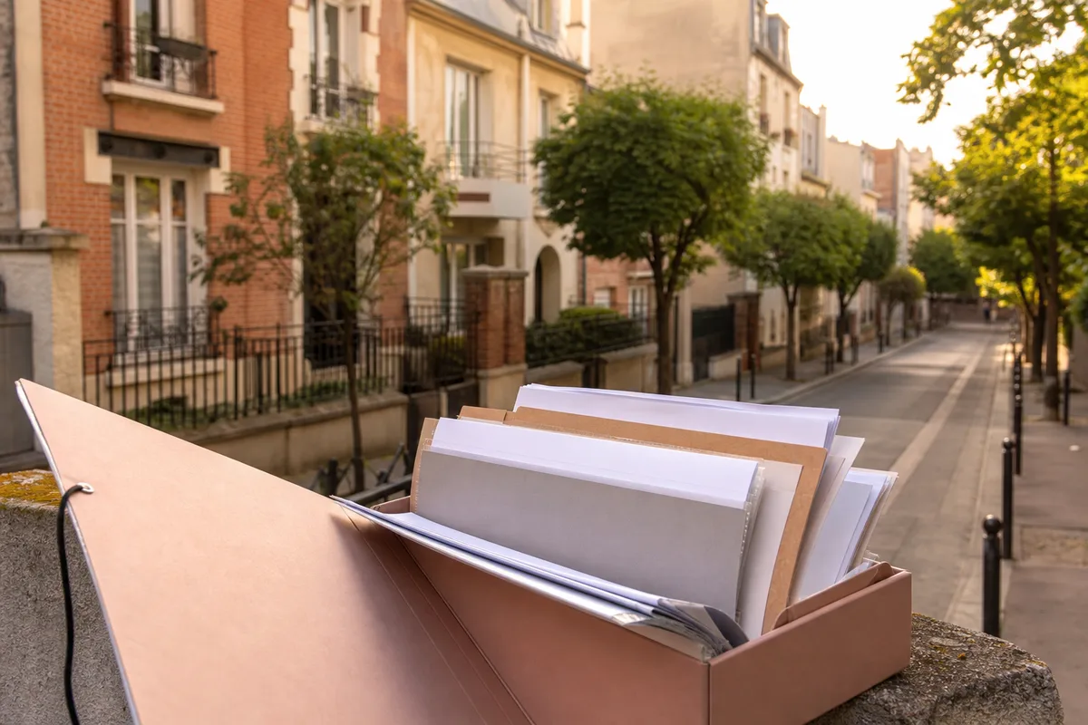 Dossier de candidature locative avec pièces justificatives classées dans une chemise