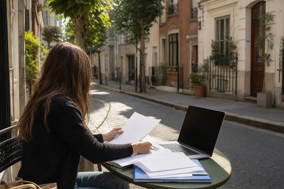 Étudiante préparant ses justificatifs de location devant un ordinateur portable