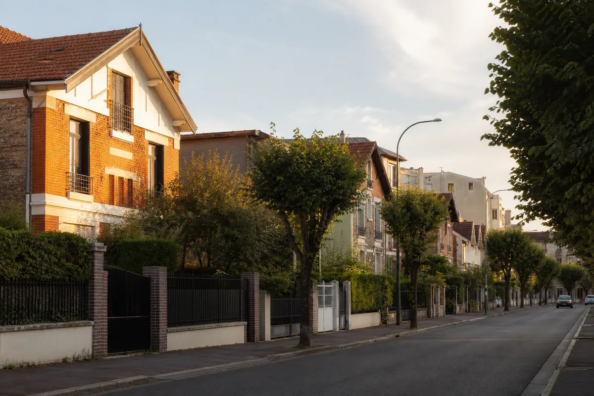 Rue résidentielle de l'Est parisien bordée de pavillons en meulière et de petits immeubles