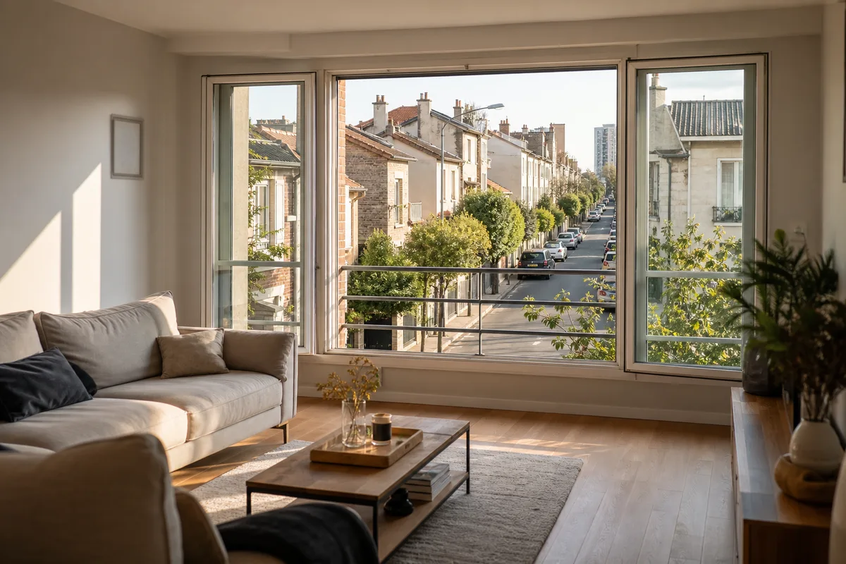 Salon lumineux d&rsquo;un appartement récent avec parquet clair et grande fenêtre