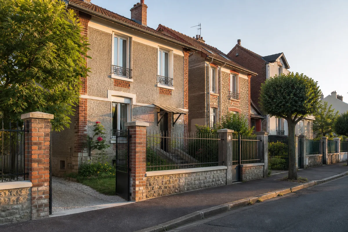 Pavillon de banlieue avec jardin clôturé et allée gravillonnée en fin de journée