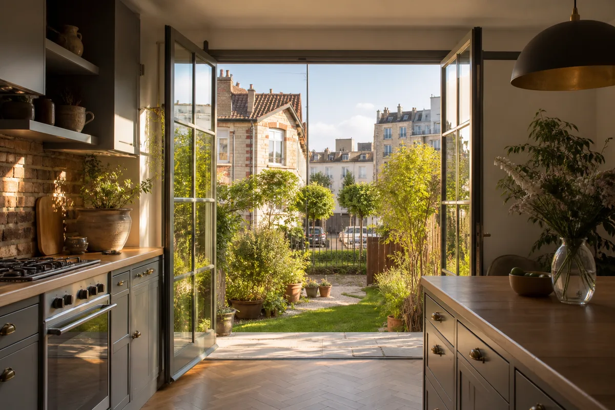 Cuisine ouverte d&rsquo;une maison de banlieue donnant sur une porte-fenêtre vers le jardin