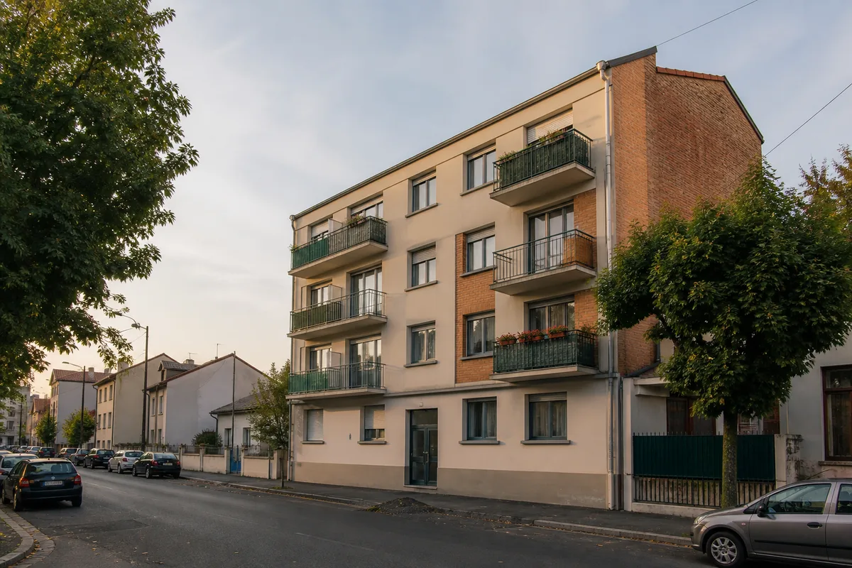 Immeuble résidentiel de banlieue avec balcons et façade claire vu depuis la rue