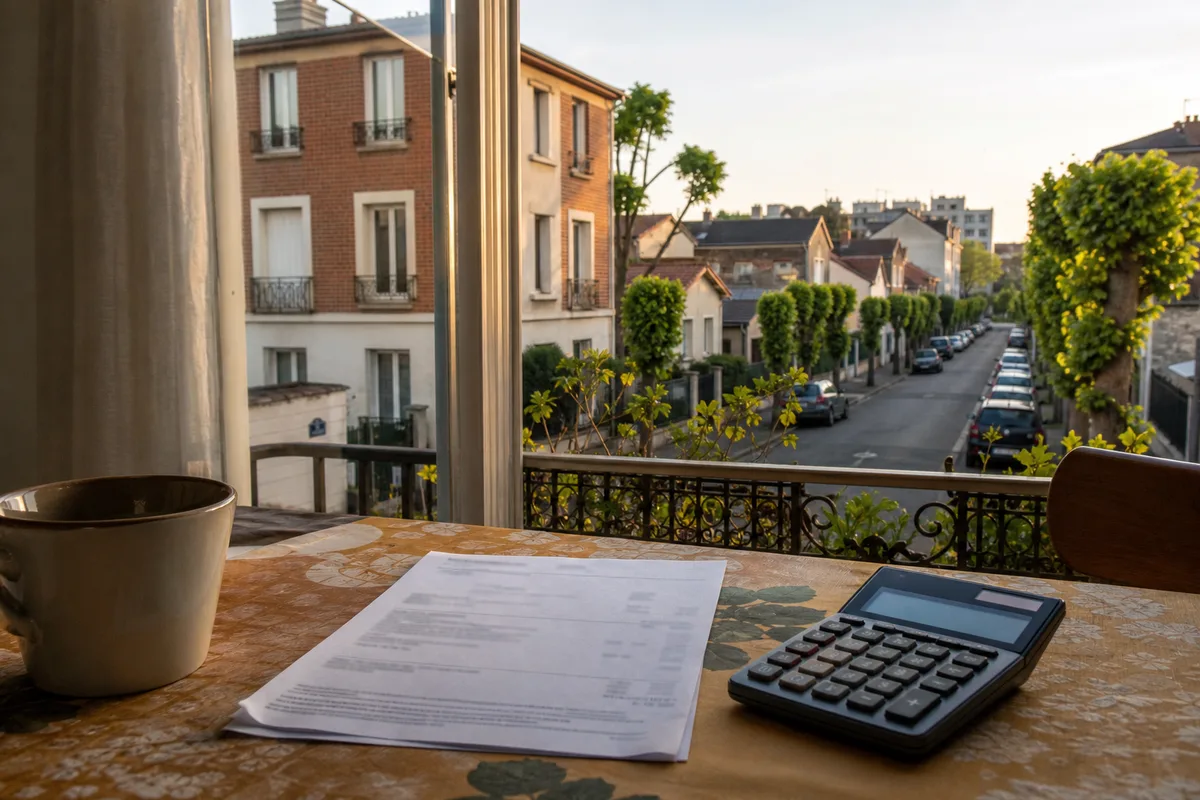 Quittance de loyer et calculatrice posées sur une table de cuisine