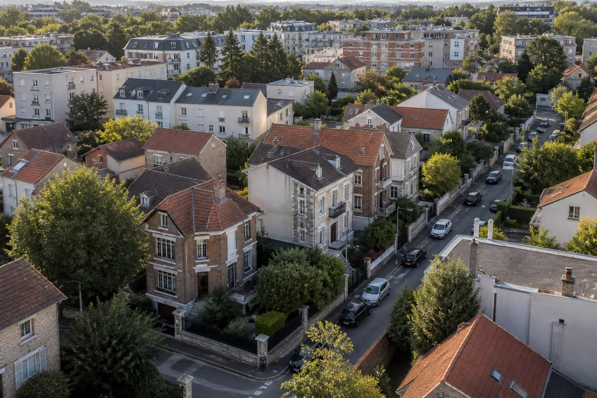 Vue aérienne d&rsquo;un quartier résidentiel de banlieue parisienne mêlant pavillons et petits immeubles
