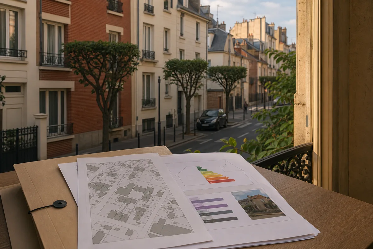 Documents de vente immobilière avec plan cadastral et diagnostic énergétique sur un bureau